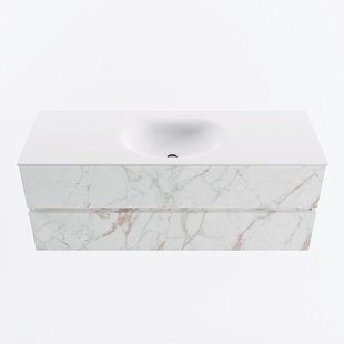 MONDIAZ VICA 130cm badmeubel onderkast Carrara 2 lades. Wastafel MOON midden 1 kraangat, kleur Talc.