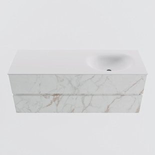 MONDIAZ VICA 130cm badmeubel onderkast Carrara 2 lades. Wastafel MOON rechts 1 kraangat, kleur Talc.