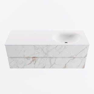 MONDIAZ VICA 130cm badmeubel onderkast Carrara 2 lades. Wastafel MOON rechts zonder kraangat, kleur Talc.