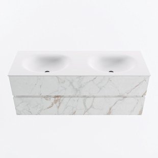 MONDIAZ VICA 130cm badmeubel onderkast Carrara 2 lades. Wastafel MOON dubbel zonder kraangat, kleur Talc.