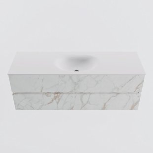 MONDIAZ VICA 140cm badmeubel onderkast Carrara 2 lades. Wastafel MOON midden zonder kraangat, kleur Talc.
