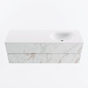 MONDIAZ VICA 140cm badmeubel onderkast Carrara 2 lades. Wastafel MOON rechts zonder kraangat, kleur Talc.