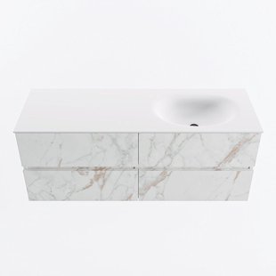 MONDIAZ VICA 130cm badmeubel onderkast Carrara 4 lades. Wastafel MOON rechts zonder kraangat, kleur Talc.