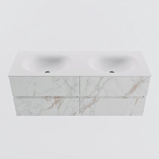 MONDIAZ VICA 130cm badmeubel onderkast Carrara 4 lades. Wastafel MOON dubbel zonder kraangat, kleur Talc.