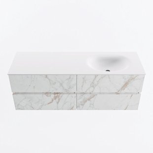 MONDIAZ VICA 140cm badmeubel onderkast Carrara 4 lades. Wastafel MOON rechts zonder kraangat, kleur Talc.