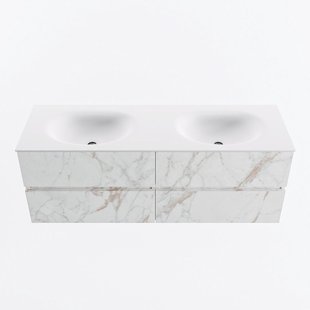 MONDIAZ VICA 140cm badmeubel onderkast Carrara 4 lades. Wastafel MOON dubbel zonder kraangat, kleur Talc.