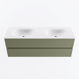 MONDIAZ VICA 140cm badmeubel onderkast Army 2 lades. Wastafel MOON dubbel 2 kraangaten, kleur Talc.