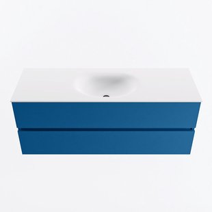 MONDIAZ VICA 130cm badmeubel onderkast Jeans 2 lades. Wastafel MOON midden 1 kraangat, kleur Talc.