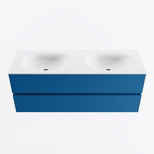 MONDIAZ VICA 130cm badmeubel onderkast Jeans 2 lades. Wastafel MOON dubbel 2 kraangaten, kleur Talc.