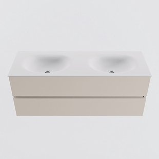 MONDIAZ VICA 130cm badmeubel onderkast Linen 2 lades. Wastafel MOON dubbel 2 kraangaten, kleur Talc.