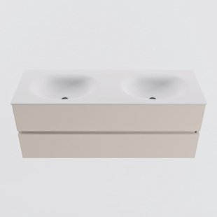 MONDIAZ VICA 130cm badmeubel onderkast Linen 2 lades. Wastafel MOON dubbel zonder kraangat, kleur Talc.