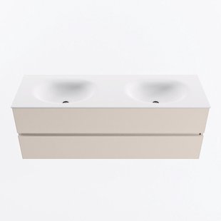 MONDIAZ VICA 140cm badmeubel onderkast Linen 2 lades. Wastafel MOON dubbel 2 kraangaten, kleur Talc.