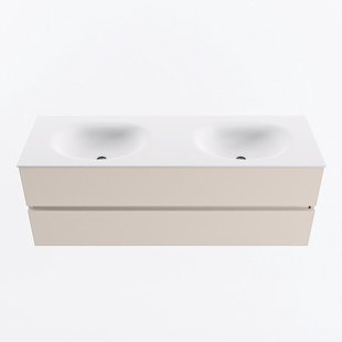 MONDIAZ VICA 140cm badmeubel onderkast Linen 2 lades. Wastafel MOON dubbel zonder kraangat, kleur Talc.