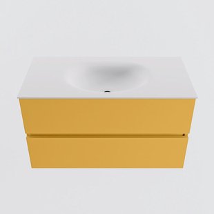 MONDIAZ VICA 90cm badmeubel onderkast Ocher 2 lades. Wastafel MOON midden 1 kraangat, kleur Talc.