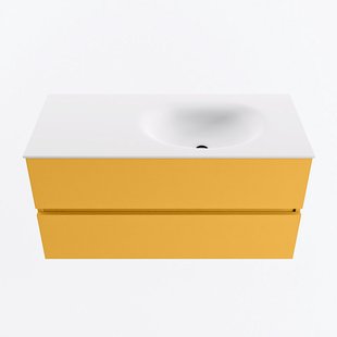 MONDIAZ VICA 100cm badmeubel onderkast Ocher 2 lades. Wastafel MOON rechts 1 kraangat, kleur Talc.