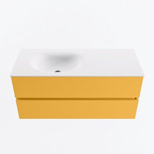 MONDIAZ VICA 110cm badmeubel onderkast Ocher 2 lades. Wastafel MOON links zonder kraangat, kleur Talc.