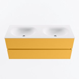 MONDIAZ VICA 120cm badmeubel onderkast Ocher 2 lades. Wastafel MOON dubbel 2 kraangaten, kleur Talc.