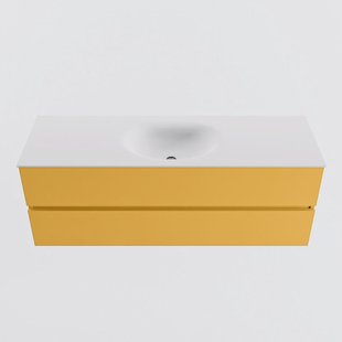 MONDIAZ VICA 140cm badmeubel onderkast Ocher 2 lades. Wastafel MOON midden 1 kraangat, kleur Talc.