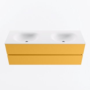 MONDIAZ VICA 140cm badmeubel onderkast Ocher 2 lades. Wastafel MOON dubbel zonder kraangat, kleur Talc.