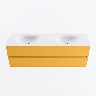 MONDIAZ VICA 150cm badmeubel onderkast Ocher 2 lades. Wastafel MOON dubbel zonder kraangat, kleur Talc.