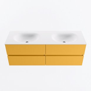 MONDIAZ VICA 140cm badmeubel onderkast Ocher 4 lades. Wastafel MOON dubbel zonder kraangat, kleur Talc.