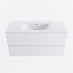 MONDIAZ VICA 100cm badmeubel onderkast Talc 2 lades. Wastafel DENIA midden 1 kraangat, kleur Glanzend Wit.