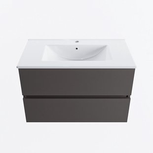 MONDIAZ VICA 80cm badmeubel onderkast Dark Grey 2 lades. Wastafel DENIA midden 1 kraangat, kleur Glanzend Wit.