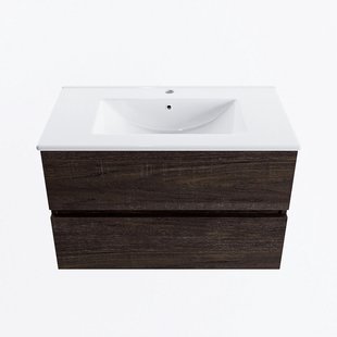 MONDIAZ VICA 80cm badmeubel onderkast Dark Brown 2 lades. Wastafel DENIA midden 1 kraangat, kleur Glanzend Wit.