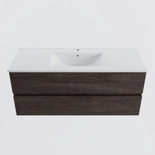 MONDIAZ VICA 120cm badmeubel onderkast Dark Brown 2 lades. Wastafel DENIA midden 1 kraangat, kleur Glanzend Wit.