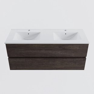 MONDIAZ VICA 120cm badmeubel onderkast Dark Brown 2 lades. Wastafel DENIA dubbel 2 kraangaten, kleur Glanzend Wit.