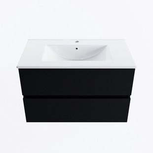 MONDIAZ VICA 80cm badmeubel onderkast Urban 2 lades. Wastafel DENIA midden 1 kraangat, kleur Glanzend Wit.