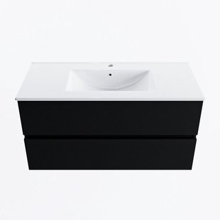 MONDIAZ VICA 100cm badmeubel onderkast Urban 2 lades. Wastafel DENIA midden 1 kraangat, kleur Glanzend Wit.