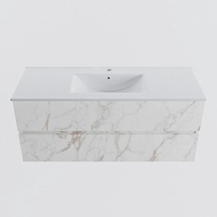 MONDIAZ VICA 120cm badmeubel onderkast Carrara 2 lades. Wastafel DENIA midden 1 kraangat, kleur Glanzend Wit.