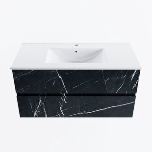 MONDIAZ VICA 100cm badmeubel onderkast Marquina 2 lades. Wastafel DENIA midden 1 kraangat, kleur Glanzend Wit.