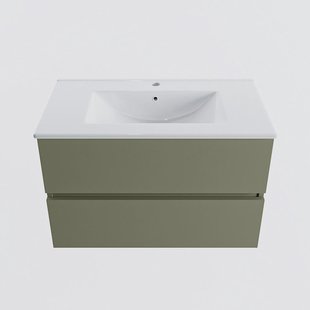 MONDIAZ VICA 80cm badmeubel onderkast Army 2 lades. Wastafel DENIA midden 1 kraangat, kleur Glanzend Wit.