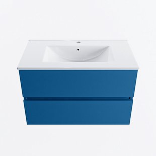 MONDIAZ VICA 80cm badmeubel onderkast Jeans 2 lades. Wastafel DENIA midden 1 kraangat, kleur Glanzend Wit.