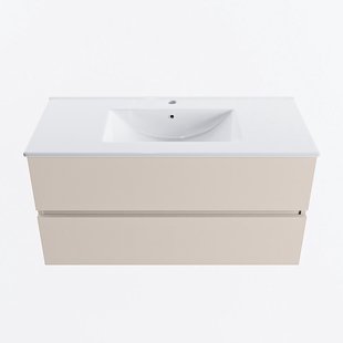 MONDIAZ VICA 100cm badmeubel onderkast Linen 2 lades. Wastafel DENIA midden 1 kraangat, kleur Glanzend Wit.