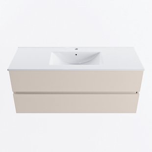 MONDIAZ VICA 120cm badmeubel onderkast Linen 2 lades. Wastafel DENIA midden 1 kraangat, kleur Glanzend Wit.