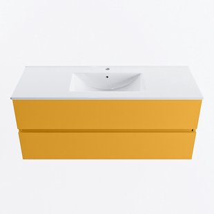 MONDIAZ VICA 120cm badmeubel onderkast Ocher 2 lades. Wastafel DENIA midden 1 kraangat, kleur Glanzend Wit.