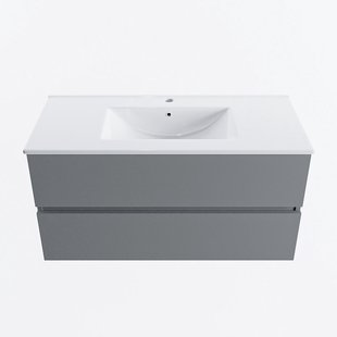 MONDIAZ VICA 100cm badmeubel onderkast Plata 2 lades. Wastafel DENIA midden 1 kraangat, kleur Glanzend Wit.