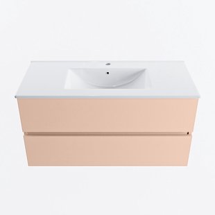 MONDIAZ VICA 100cm badmeubel onderkast Rosee 2 lades. Wastafel DENIA midden 1 kraangat, kleur Glanzend Wit.