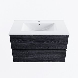 MONDIAZ VICA 80cm badmeubel onderkast Antracite 2 lades. Wastafel DENIA midden 1 kraangat, kleur Glanzend Wit.