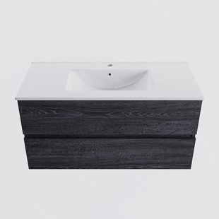 MONDIAZ VICA 100cm badmeubel onderkast Antracite 2 lades. Wastafel DENIA midden 1 kraangat, kleur Glanzend Wit.