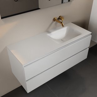 MONDIAZ AIVY 120cm badmeubel Talc, wastafel Talc solid surface rechts zonder kraangat met spiegel (AI-351641TALC-NO - AI-M120TARE - AI-S120X72)