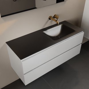 MONDIAZ AIVY 120cm badmeubel Talc, wastafel Urban solid surface rechts zonder kraangat met spiegel (AI-351641URBAN-NO - AI-M120TARE - AI-S120X72)
