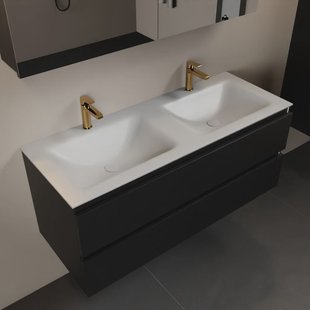 MONDIAZ AIVY 120cm badmeubel Urban, wastafel Talc solid surface dubbel 2 kraangaten met spiegelkast (AI-351651TALC-SI - AI-M120URDU - AI-C120URMI)