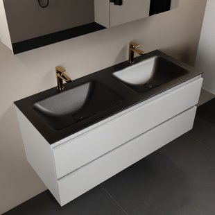 MONDIAZ AIVY 120cm badmeubel Talc, wastafel Urban solid surface dubbel 2 kraangaten met spiegelkast (AI-351651URBAN-SI - AI-M120TADU - AI-C120TAMI)