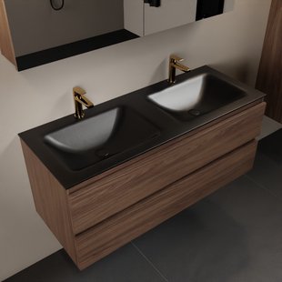 MONDIAZ AIVY 120cm badmeubel Mocha, wastafel Urban solid surface dubbel 2 kraangaten met spiegelkast (AI-351651URBAN-SI - AI-M120MODU - AI-C120MOMI)