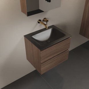 MONDIAZ AIVY 60cm badmeubel Mocha, wastafel Urban solid surface midden zonder kraangat met spiegelkast (AI-351111URBAN-NO - AI-M60MOMI - AI-C60MOMI)