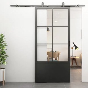 Loftdeur Stalen schuifdeur 6-vaks met helder glas, kickplate Incl. schuifdeursysteem